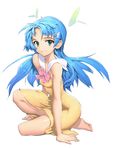  barefoot blue_hair dress green_eyes hair_ornament hairclip kutuna_haruka long_hair ribbon smile solo sugeno_tomoaki vanguard_princess 