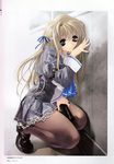  absurdres against_wall blonde_hair blue_eyes hair_ribbon highres kneeling lace miwa_yoshikazu original pantyhose ribbon school_uniform 