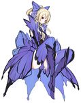  blonde_hair bnahabra_(armor) boots bow breasts butterfly_hair_ornament cleavage hair_bow hair_ornament large_breasts legs_up long_hair monster_hunter monster_hunter_3 pupps red_eyes smile solo thigh_boots thighhighs 
