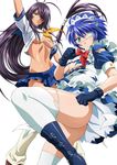  absurdres antenna_hair ass blue_hair boots breasts cleavage detexted eyepatch gloves green_eyes hair_over_one_eye headdress highres ikkitousen kan'u_unchou long_hair medium_breasts multiple_girls no_bra no_panties non-web_source purple_hair ryomou_shimei school_uniform serafuku short_hair thighhighs third-party_edit torn_clothes underboob very_long_hair white_legwear 