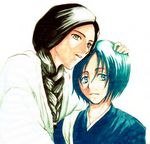  1boy 1girl black_hair bleach blue_eyes blue_hair braid front_braid green_hair haori japanese_clothes kimono long_hair looking_at_viewer short_hair simple_background single_braid unohana_retsu white_background yamada_hanatarou 