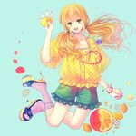  anko_kinako blonde_hair bow bracelet flower food fruit green_eyes hair_flower hair_ornament high_heels holding holding_food holding_fruit jewelry legs lemon long_hair md5_mismatch nail_polish original pendant pink_nails shoes shorts smile socks solo twintails 