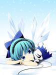  akai_ronii bad_id bad_pixiv_id cirno headphones lying on_stomach smile solo touhou 