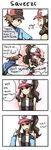  1girl 4koma bare_shoulders baseball_cap blue_eyes blush brown_eyes brown_hair closed_eyes comic covering covering_chest curly_hair embarrassed english flying_sweatdrops hat irony left-to-right_manga looking_at_viewer playing_with_another's_hair pokemon pokemon_(game) pokemon_bw ponytail pov sidelocks sleeveless speech_bubble squeezing sweatdrop touko_(pokemon) touya_(pokemon) vest weee_(raemz) 