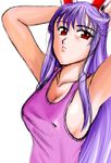  animal_ears arms_up breasts bunny_ears casual kisaragi_ryou_(sougetsu-tei) large_breasts long_hair purple_hair red_eyes reisen_udongein_inaba solo touhou 