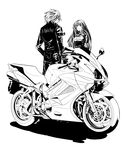  1boy 1girl couple evilgun girl highres k' king_of_fighters kof kula_diamond long_hair male monochrome motor_vehicle motorcycle smile snk vehicle white_hair 