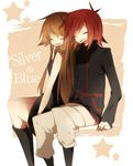  1girl blue_(pokemon) couple happy hetero laughing pokemon pokemon_special silver_(pokemon) sitting 