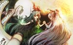  closed_eyes ex-keine fujiwara_no_mokou full_moon green_hair hair_ribbon highres holding_hands horns innelysion kamishirasawa_keine long_hair moon multiple_girls red_eyes ribbon scroll smile touhou very_long_hair white_hair 