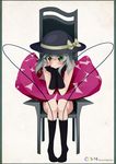  bad_id bad_pixiv_id black_gloves black_legwear blush cable chin_rest colored_eyelashes gloves green_eyes grey_hair hat heart heart-shaped_pupils highres kneehighs komeiji_koishi nude pillow short_hair sitting socks solo sorrau symbol-shaped_pupils touhou 