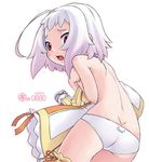  ahoge albino ass back covering cowboy_shot holding_dress kei_jiei long_hair looking_back no_bra original panties penne red_eyes short_hair simple_background solo underwear white_background white_hair white_panties 