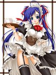  akimoto_dai black_legwear blue_eyes blue_hair garter_belt maid original solo thighhighs tray twintails 