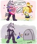  &lt;3 animal_crossing anthro black_nose canid canine canis clothing death dialogue domestic_dog duo english_text eyes_closed female flower footwear fur grass grey_fur humor isabelle_(animal_crossing) karbuitt male mammal nintendo plant sad shirt shoes smile smoke standing star_fox tailwag tears teeth text tombstone video_games wolf wolf_o&#039;donnell yellow_fur 