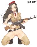  ak-47 assault_rifle belt beret black_hair boots bottomless breasts cleavage gluteal_fold grey_eyes gun hat kneeling long_hair military military_uniform necktie pussy rifle taka_tony tanaka_takayuki thighhighs uncensored uniform weapon wrist_cuffs 