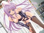  animal_ears artist_request blue_eyes breasts bunny_ears fang fishnets garter_belt konoe_nanami lamune leaning_forward long_hair medium_breasts nipples purple_hair solo thighhighs 