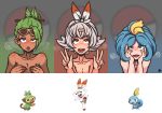  3girls ahegao ahoge blonde_hair blue_hair blush breasts breath cleavage creatures_(company) dark_skin double_v drooling eyeliner eyewear_on_head folded_ponytail game_freak gen_8_pokemon green_hair grookey highres makeup multiple_girls nintendo open_mouth personification poke_ball pokemon pokemon_(creature) pokemon_(game) pokemon_swsh ponytail saliva scorbunny sexually_suggestive short_hair smile sobble sweat tongue tongue_out v verymediocre 