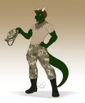  2019 anthro beard biped blue_eyes boots brown_clothing brown_eyebrows brown_hair brown_shirt brown_topwear camo_pants clothed clothing digital_media_(artwork) dragon eyebrows facial_hair footwear front_view full-length_portrait fully_clothed gradient_background green_scales green_tail hair hand_on_hip hat hi_res horn kittydee male military pants portrait scales scalie scarf shirt short_hair simple_background smile soldier solo standing white_horn 