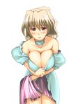  blonde_hair blush breast_squeeze breasts character_request choker cleavage dress dress_lift huge_breasts ikujitto mabinogi naughty_face no_bra off_shoulder red_eyes smile solo 