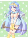  blue_eyes blue_hair blush breast_squeeze breasts cape circlet cleavage covered_nipples dragon_quest dragon_quest_iii fantasy gloves hat large_breasts legs long_hair panties rusty_soul sage_(dq3) skirt solo staff thighs underwear weapon white_skirt 