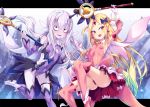  abigail_williams_(fate/grand_order) arm_up ass bags_under_eyes bangs black_panties blonde_hair blue_bow blush boots bow bow_panties breasts cameltoe cosplay detached_sleeves earrings erect_nipples eyebrows_visible_through_hair fang fate/grand_order fate/kaleid_liner_prisma_illya fate_(series) gloves hair_between_eyes hair_bow holding holding_wand jewelry lavinia_whateley_(fate/grand_order) leotard long_hair long_sleeves miyu_edelfelt miyu_edelfelt_(cosplay) open_mouth orange_bow panties parted_bangs pink_footwear pink_legwear pink_shirt pink_sleeves polka_dot polka_dot_bow prisma_illya prisma_illya_(cosplay) purple_legwear purple_leotard purple_sleeves red_eyes sharp_teeth shirt silver_hair skirt sleeveless sleeveless_shirt sleeves_past_wrists small_breasts teeth tentacle thigh_boots thighhighs toraishi_666 underwear very_long_hair wand wavy_mouth white_footwear white_gloves white_skirt wide-eyed 