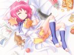  1girl ahoge animal_ears bare_feet barefoot blush bow cat cat_ears dalk_gaiden food game_cg gloves kneehighs lisha_anos nekomimi pink_hair pocky school_uniform seifuku serafuku short_hair shorts sleeping solo uniform 