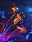  2019 anthro avian blue_eyes digital_media_(artwork) dragon female holding_object holding_weapon hybrid jackrow nude solo weapon 