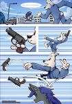  2019 blue_sky building canid canine canis car clothed clothing comic domestic_dog female fox gun knocked_out male mammal nude outside ranged_weapon ratcha_(artist) rina_(ratcha) sky throwing vehicle weapon 
