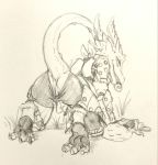  2018 anthro anus butt claws female kobold looking_at_viewer looking_back monochrome paws presenting presenting_hindquarters pussy queblock scalie sketch solo 