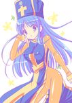  blue_eyes blue_hair blush bodysuit breasts cameltoe covered_nipples dragon_quest dragon_quest_iii hat large_breasts latex long_hair mitre orange_bodysuit priest_(dq3) rusty_soul solo tabard 