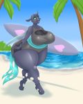  2019 absurd_res anthro beach blues64 blush changeling clothing digital_media_(artwork) fangs female hi_res hole_(anatomy) horn marauder6272 my_little_pony outside palm_tree seaside solo surfboard thick_thighs tree water wings 