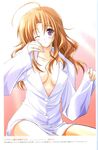  ahoge aikagi blush breasts brown_hair dress_shirt hazuki_ayane highres large_breasts no_bra one_eye_closed purple_eyes scan shirt solo suzuhira_hiro white_shirt 