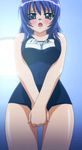  blue_eyes blue_hair blush breast_squeeze breasts covering covering_crotch cowboy_shot doki_doki_oyako_lesson from_below glasses large_breasts name_tag one-piece_swimsuit open_mouth satou_maya school_swimsuit screencap solo stitched swimsuit third-party_edit v_arms 