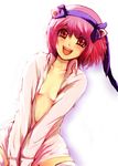  blush breasts elfen_lied hairband happy horns nana_(elfen_lied) no_bra open_clothes open_shirt pink_hair red_eyes rirurario shirt short_hair small_breasts smile solo thighhighs zettai_ryouiki 