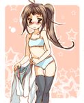  blush bra brown_eyes brown_hair flat_chest genderswap genderswap_(mtf) kyonko lingerie long_hair panties ponytail shima_(6land) solo suzumiya_haruhi_no_yuuutsu tears thighhighs underwear underwear_only 