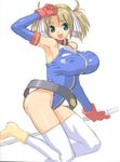  armpits belt blonde_hair blue_leotard breasts covered_nipples elbow_gloves gloves green_eyes gundam gundam_card_builder highleg highleg_leotard hirose_(mokiki) huge_breasts leotard loose_belt reiko_holinger solo thighhighs twintails white_legwear 