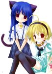  2girls ahoge animal_ears bell blonde_hair blue_hair bow cat_ears cat_tail collar dress furude_rika hairband higurashi_no_naku_koro_ni hime_cut houjou_satoko long_hair multiple_girls necktie nekomimi purple_eyes red_eyes rika_furude satoko_houjo school_uniform seifuku serafuku short_hair skirt suspenders tail thighhighs 