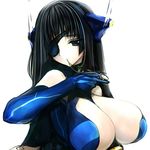  black_hair blue_eyes breasts cleavage elbow_gloves eyepatch gloves hair_in_mouth huge_breasts long_hair original pupps robot_ears solo upper_body 