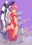  barcode copyright_request highres orange_bullet pink_hair red_eyes science_fiction short_hair sky solo thighhighs 