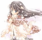  black_hair blue_eyes copyright_request earrings jewelry long_hair maki_chitose shawl snow solo wind 