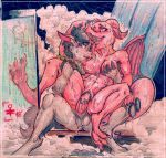  2018 anthro balls black_hair blue_eyes blush breasts dragon duo equine eyewear female fur goggles grabbing grey_fur hair horn horse looking_pleasured male mammal nipples nude on_top open_mouth penetration penis pussy red_eyes reverse_cowgirl_position sex sitting tongue traditional_media_(artwork) vaginal vaginal_penetration wings yourfavoritelemonade 