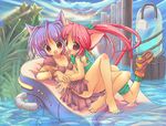  2girls animal_ears armband bare_feet barefoot blue_hair cat_ears cuffs feet grass halter_neck halterneck long_hair looking_at_viewer moe multiple_girls nekomimi open_mouth outdoors outside pink_eyes pink_hair pony_tail ponytail shoes short_hair skirt smile toes water 