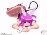  1girl animal_ears blush bow bowtie breast_press breasts bunny_ears bunny_girl bunnygirl bunnysuit demon_girl demon_tail earrings elf fake_animal_ears hair_ribbon high_heels hits inu jewelry long_hair lying nira_(character) on_stomach oouchi_takadou original pantyhose pointy_ears ponytail purple_eyes purple_hair ribbon shadow shiny shiny_clothes shoes sideboob simple_background single_earring smile solo tail wallpaper wrist_cuffs 
