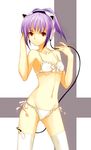  animal_ears bow bra cat_ears headphones lingerie long_hair nekomimi panties pony_tail ponytail purple_hair red_eyes side-tie_panties thighhighs underwear 