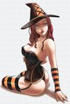  ass bare_shoulders breasts cleavage copyright_request corset covered_nipples green_eyes halloween hat large_breasts panties red_hair solo striped thighhighs thong tozani underwear witch witch_hat 