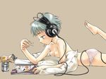  blue_hair breasts headphones panties pillow relaxing snack snacks underwear 