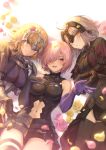  3girls bare_shoulders blonde_hair blue_eyes breasts elbow_gloves fate/apocrypha fate/grand_order fate_(series) flower gauntlets gloves grey_hair hair_over_one_eye highres jeanne_d&#039;arc_(alter)_(fate) jeanne_d&#039;arc_(fate) jeanne_d&#039;arc_(fate)_(all) leotard looking_at_viewer lying mash_kyrielight mashuu_(neko_no_oyashiro) medium_breasts multiple_girls navel navel_cutout on_back on_side open_mouth pink_hair purple_eyes short_hair sleeveless smile yellow_eyes 