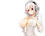  blush breasts headphones nitro_super nitroplus open_clothes open_shirt shirt short_hair sonico soniko super_sonico wallpaper 