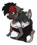  2018 aggie_(artist) anthro black_hair brown_fur clothed clothing digital_media_(artwork) domestic_cat duo felid feline felis female fur green_eyes grey_eyes grey_fur hair hoodie hug hyaenid inner_ear_fluff male male/female mammal open_mouth red_hair shirt shorts simple_background skirt spots spotted_hyena teeth tuft underwear white_background young 