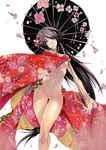  black_hair blue_eyes breasts flower highres japanese_clothes kimono long_hair naked no_panties nude too toounit umbrella underboob 