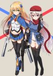  2girls 9a-91 9a-91_(girls_frontline) assault_rifle belt belt_pouch beret black_footwear black_legwear black_panties blazblue blonde_hair blue_capelet blue_dress blue_eyes blue_footwear blue_skirt bolverk boots breasts brown_gloves capelet closed_mouth collared_shirt commentary_request commission crop_top crossover dress dual_wielding full_body girls_frontline gloves green_eyes gun hair_between_eyes hair_ornament hand_up handgun hat holding holding_gun holding_weapon knee_boots long_hair looking_at_viewer medium_breasts midriff miniskirt multiple_girls navel necktie noel_vermillion object_namesake panties parted_lips pleated_skirt pouch rabochicken red_hat red_neckwear red_ribbon red_scarf ribbon rifle scarf see-through shirt short_necktie short_sleeves side-tie_panties sidelocks skirt smile standing star star_hair_ornament stomach thigh_boots thighhighs trigger_discipline underwear very_long_hair weapon white_gloves white_hair white_shirt zettai_ryouiki 