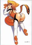  1girl animal_ears animal_hat ass back bangs blush bodysuit brown_hair cat_ears cat_pose costume doujin doujinshi flat_chest from_behind full_body hat highres looking_back neneko nishitsuki_tsutomu open_mouth paw_pose purple_eyes scan shadow short_hair smile solo thighhighs top-down_bottom-up yumeria 